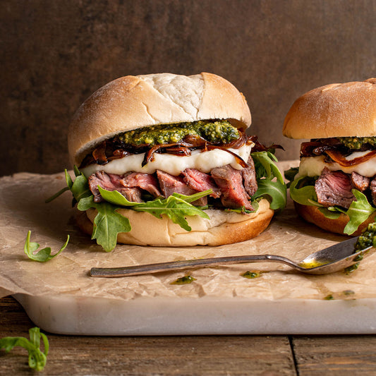 Steak Sandwiches with feta cheese & basil pesto