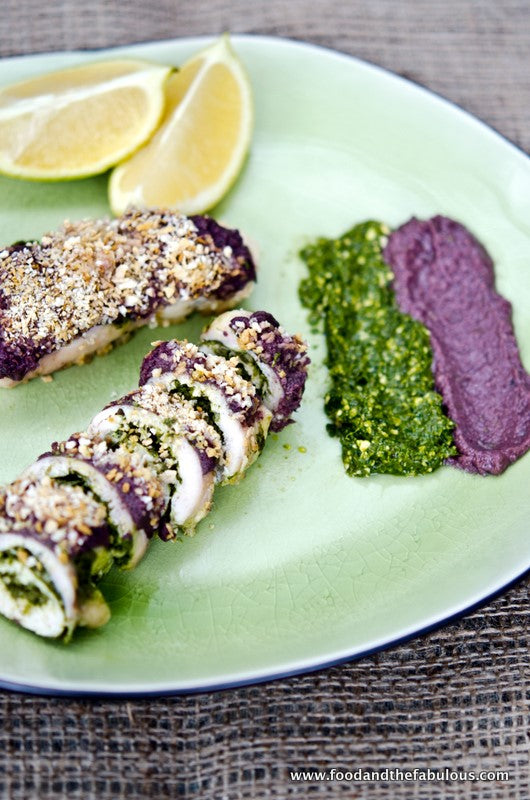 Ballotine of Chicken Breast, filled with Basil Pesto & Topped with Olive Tapenade and Bread Crumbs