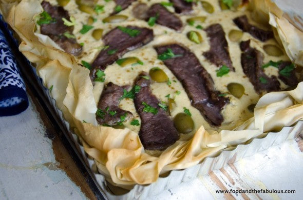 Caramelised Onion & Beef Phyllo Pastry Tart with Green Olives