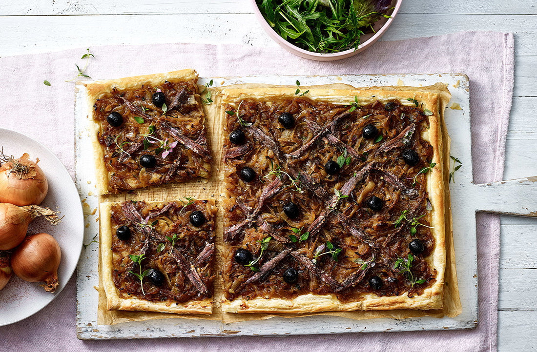 Anchovy, Carmalised Onion and Olive Tart with Parsley Salad