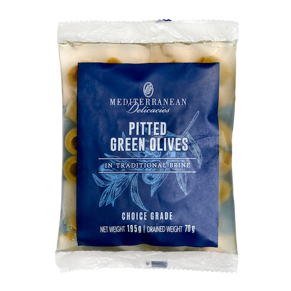 Pitted Green Olive Pouch 195g - Mediterranean Delicacies