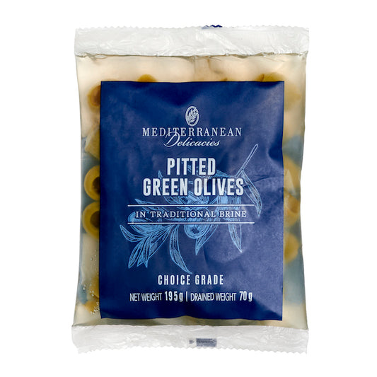 Pitted Green Olive Pouch 195g - Mediterranean Delicacies