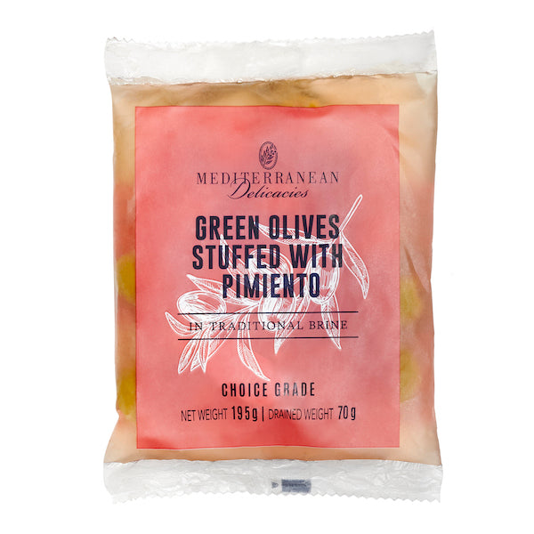 Pimento Stuffed Green Olive Pouch 195g Mediterranean Delicacies